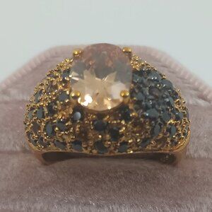 Vintage Yellow Gold Sterling Silver Peach Topaz- Blue Sapphire Dome Ring Sz 9 3/